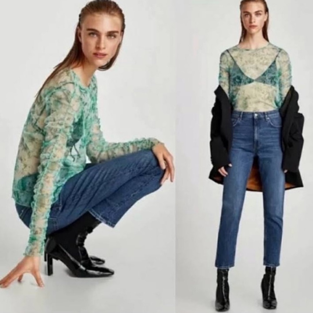 NEW ZARA Green Floral Mesh Sheer Top Ruched Blouse